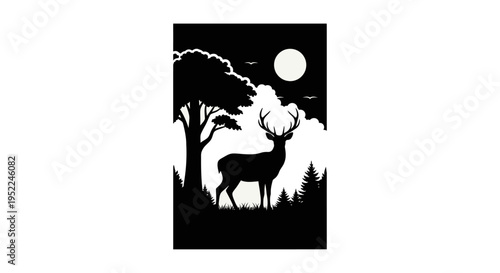 Majestic stag beneath a full moon framed by trees on transparent background silhouette