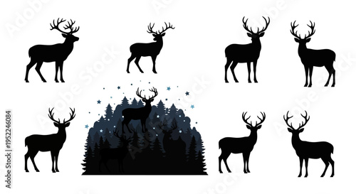 A collection of majestic deer silhouettes with forest details on transparent background