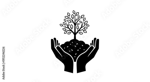 Hands cradling soil and seedling representing growth on transparent background silhouette