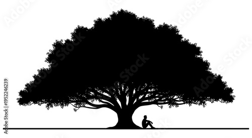 A solitary figure sits beneath a large tree on transparent background silhouette