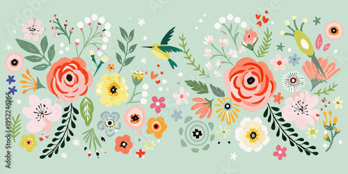 A colorful illustration of flowers leaves and a hummingbird on mint