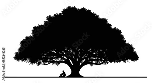 A majestic tree with a person sitting beneath it on transparent background silhouette