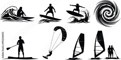 Surfing silhouettes collection, water sports activities, surfers riding waves, windsurfing and paddleboarding, ocean adventure, isolated black illustration set