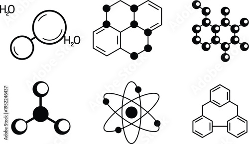 Scientific molecule and atom vector icon set including chemical structures, H2O and laboratory symbols