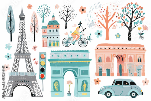 Whimsical illustration of parisian landmarks a cyclist and colorful floral elements