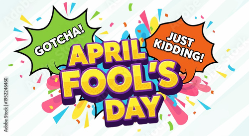 Vibrant april fool's day celebration text with colorful confetti background