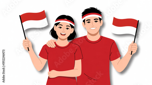 Young asian couple in red shirts and headbands holding indonesian flags on white background celebrating independence day with smiles