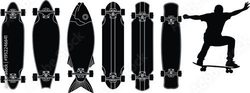 Skateboard silhouettes collection, longboard cruiser decks and skater tricks, urban street sport, extreme riding lifestyle, isolated black illustration set