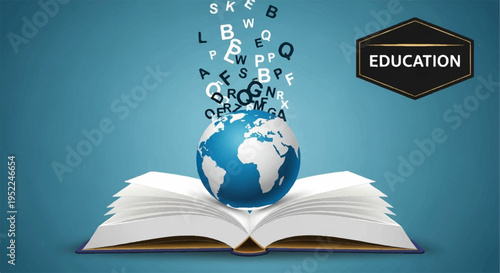 Open book with globe and floating letters on blue background symbolizing education and learning
