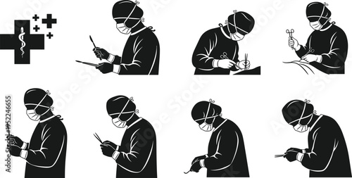 Surgeon silhouettes collection, medical operation scenes, healthcare professionals performing surgery, hospital tools and procedures, isolated black illustration set