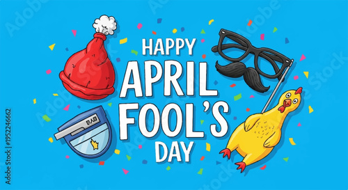Happy april fool's day celebration with colorful prank items on blue background