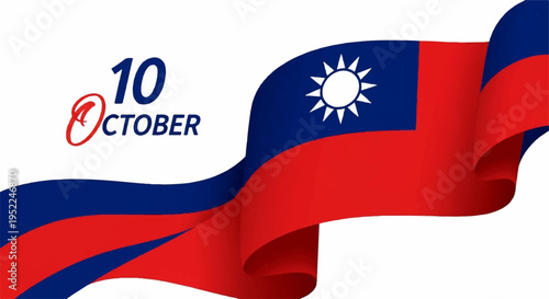 Taiwan flag waving with october 10th text national symbol on white background patriotic design element
