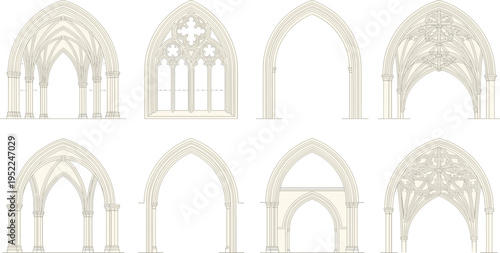 Black silhouette vector illustration of Gothic arches and ribbed vaults with ornate tracery and clustered columns, symbolizing medieval architecture and decorative design themes