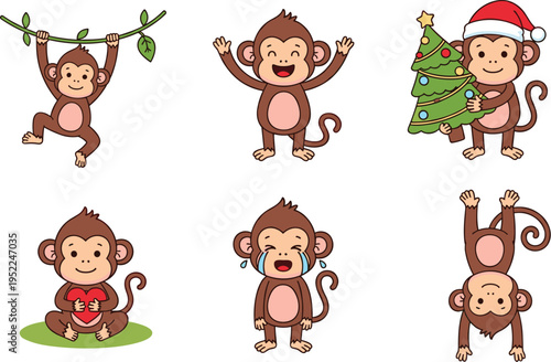 Cute monkey cartoon set, funny monkey characters collection, jungle animal illustration, playful primates in different poses