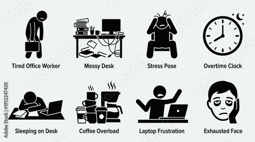 Workplace Stress and Fatigue Icon Set Vector – Black-and-White Illustrations of Tired Worker, Messy Desk, Stress Pose, Overtime Clock, Sleeping Desk, Coffee Overload, Laptop Frustration, Exhausted Fac