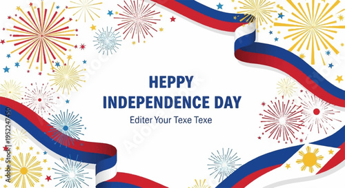 Happy independence day greeting card with fireworks and ribbons on white background for celebration