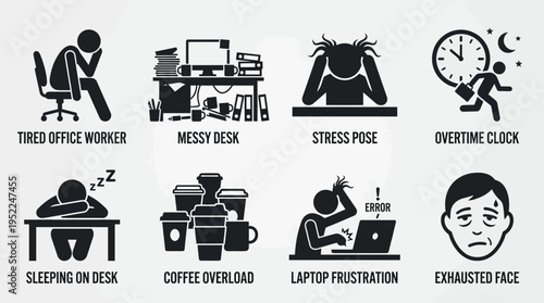 Workplace Stress and Fatigue Icon Set Vector – Black-and-White Illustrations of Tired Worker, Messy Desk, Stress Pose, Overtime Clock, Sleeping Desk, Coffee Overload, Laptop Frustration, Exhausted Fac