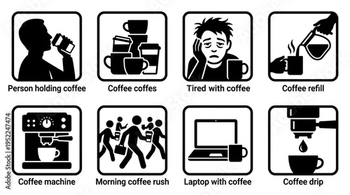 Coffee Culture Icon Set Vector – Black-and-White Illustrations of Drinking Coffee, Cups, Sleepy Face, Coffee Pot, Machine, Shop Line, Laptop Work, Pour-Over Setup