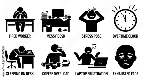 Workplace Stress and Fatigue Icon Set Vector – Black-and-White Illustrations of Tired Worker, Messy Desk, Stress Pose, Overtime Clock, Sleeping Desk, Coffee Overload, Laptop Frustration, Exhausted Fac