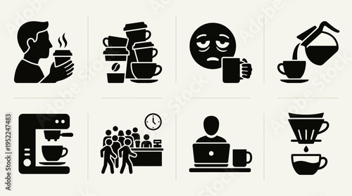 Coffee Culture Icon Set Vector – Black-and-White Illustrations of Drinking Coffee, Cups, Sleepy Face, Coffee Pot, Machine, Shop Line, Laptop Work, Pour-Over Setup