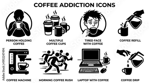 Coffee Culture Icon Set Vector – Black-and-White Illustrations of Drinking Coffee, Cups, Sleepy Face, Coffee Pot, Machine, Shop Line, Laptop Work, Pour-Over Setup