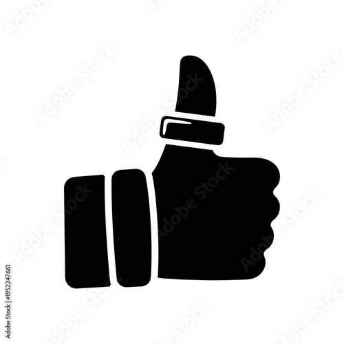 A simple bold black graphic depicts a hand giving a thumbs up gesture silhouette
