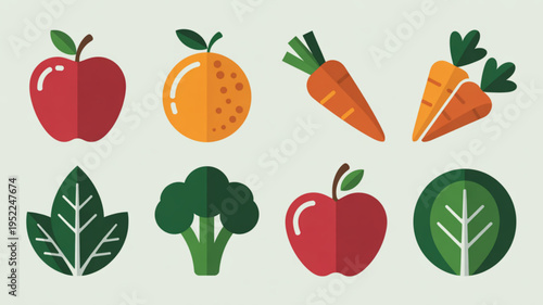Fresh fruit and vegetable icons including apples carrots broccoli and leafy greens on a light background