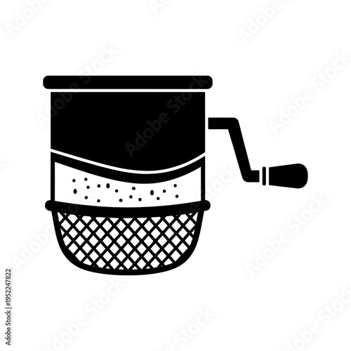A stark black and white depiction of a vintage hand cranked flour sifter in silhouette