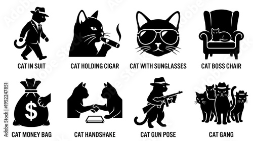 Gangster Cats Icon Set Vector – Black Silhouette Illustrations of Cats in Suits, Fedora Hats, Smoking, Armchair, Money Bag, Handshake, Machine Gun, Mob Group