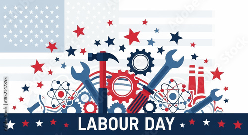 Labour day celebration with tools and stars on american flag background