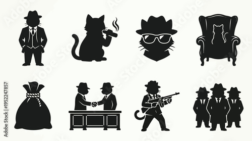 Gangster Cats Icon Set Vector – Black Silhouette Illustrations of Cats in Suits, Fedora Hats, Smoking, Armchair, Money Bag, Handshake, Machine Gun, Mob Group