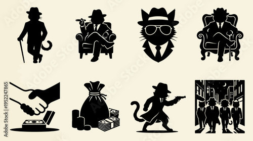 Gangster Cats Icon Set Vector – Black Silhouette Illustrations of Cats in Suits, Fedora Hats, Smoking, Armchair, Money Bag, Handshake, Machine Gun, Mob Group