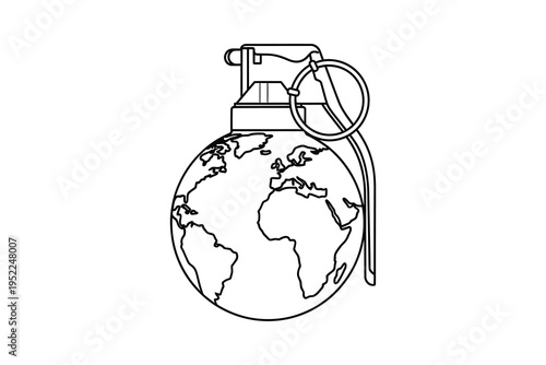 A black and white illustration of a grenade with a globe as its body, symbolizing global conflict, war, and environmental destruction on earth.