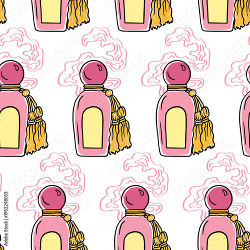 Seamless pattern with luxury retro perfume or toilette water bottles. This hand drawn vector background is perfect for feminine fashion, beauty prints, and vintage gift wrapping.