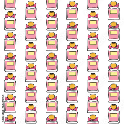 Cute seamless pattern with perfume or toilette water bottles. hand drawn vector background isolated on white for beauty, fashion prints, and gift wrapping.