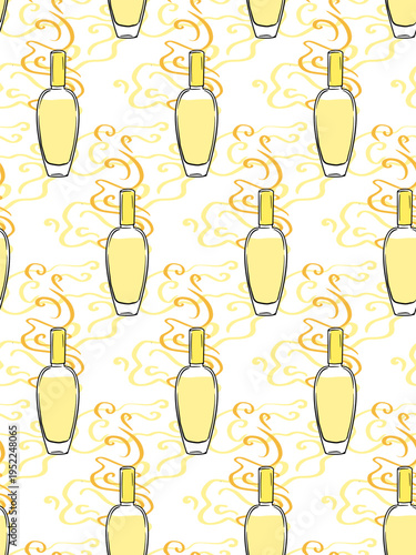 Elegant seamless pattern with perfume or aroma oil bottles. Hand drawn doodle vector background for beauty, wellness, aromatherapy concepts, fashion prints, or stylish gift wrap.