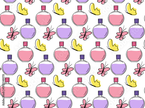 Seamless pattern with perfume bottles and butterflies. This cute, hand drawn vector background for spring themed beauty, fashion prints, or feminine gift wrap.