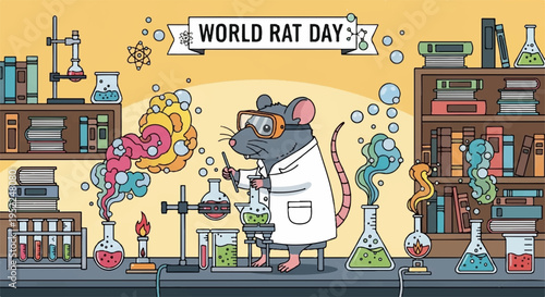 Cartoon rat in lab coat conducts science experiment in laboratory with beakers and books on world rat day