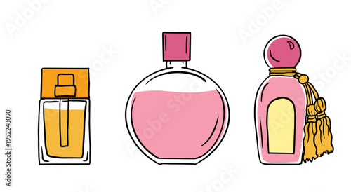 set of various perfume and cologne bottles in a cute doodle style. This hand drawn vector collection is isolated, perfect for beauty, fashion, and cosmetic branding or icons.