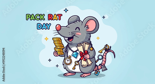 Cute cartoon mouse holding stack of coins on pack rat day symbolizing savings and thriftiness in a playful colorful illustration
