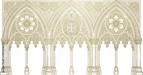 Black silhouette vector illustration of Gothic arcade with pointed arches, ornate tracery, floral motifs, quatrefoils, and decorative columns, symbolizing medieval architecture and design themes