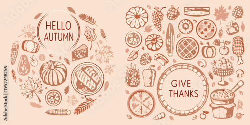 Hello autumn and give thanks with seasonal harvest illustrations