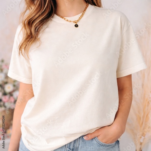 Blank Ivory T Shirt Mockup On Woman Lifestyle Spring Fashion Close Up