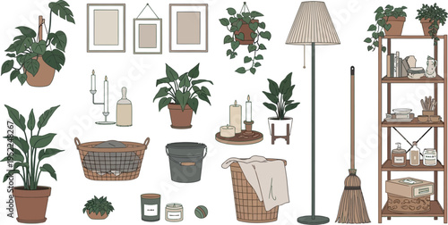 A comprehensive collection of minimalist home decor items including various potted plants, a floor lamp, and a wooden shelving unit with accessories.