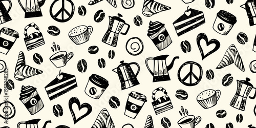 A seamless pattern of coffee sweets and peace symbols in black ink