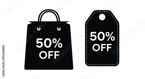 Black shopping bag and price tag displaying a fifty percent off sale