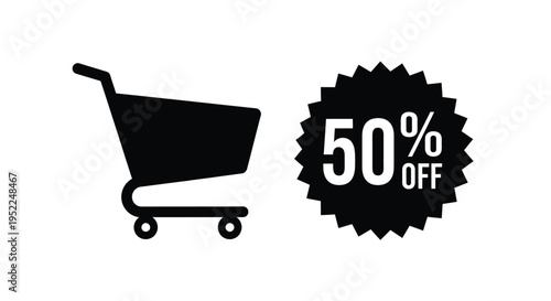 Shopping cart with a fifty percent off sale starburst graphic