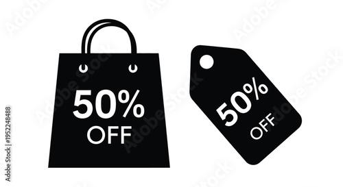 Shopping bag and price tag displaying a fifty percent off sale