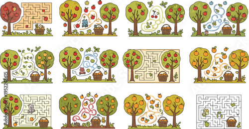 Fruit Orchard Path Maze Vector Set Featuring Apple and Orange Trees, Harvest Baskets, and Kids Educational Puzzle Game Illustration