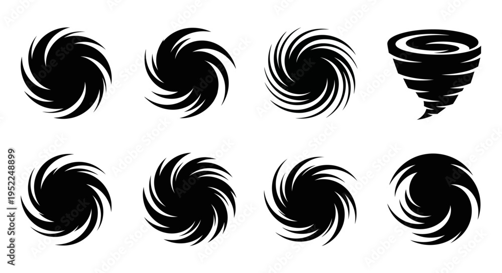 Fototapeta premium Collection of swirling vortex shapes ideal for design on transparent background silhouette